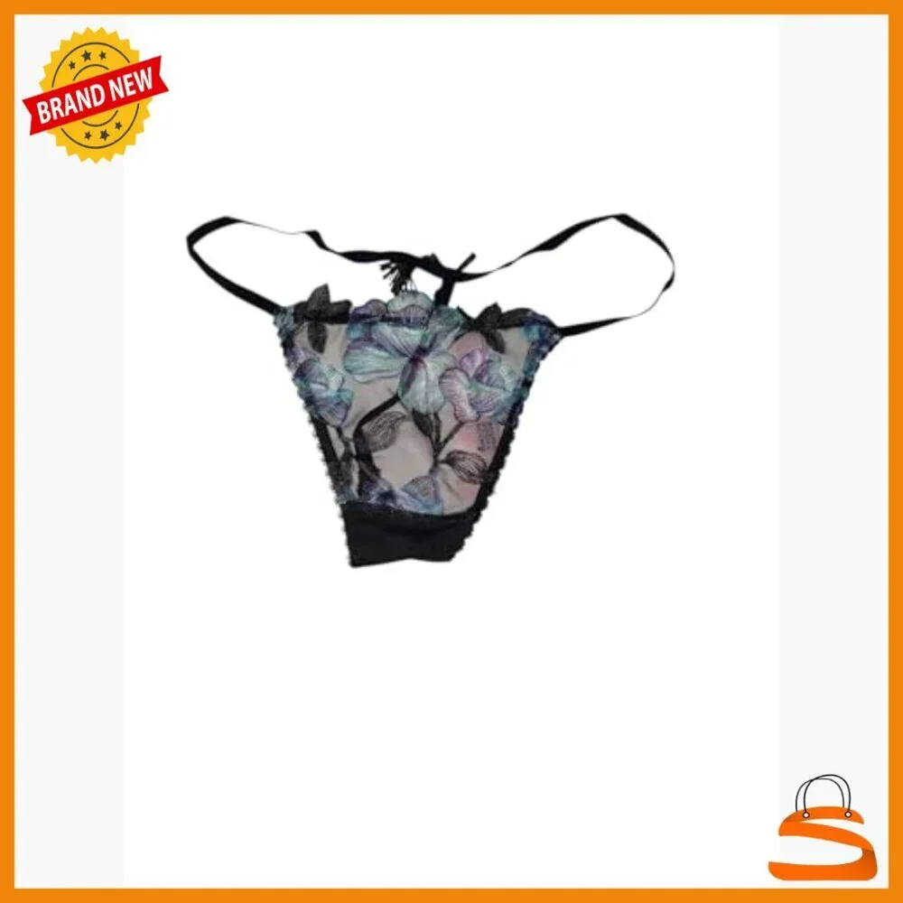 Sheer Mesh V-String Panty with Floral Embroidery, Low Rise, Size Medium